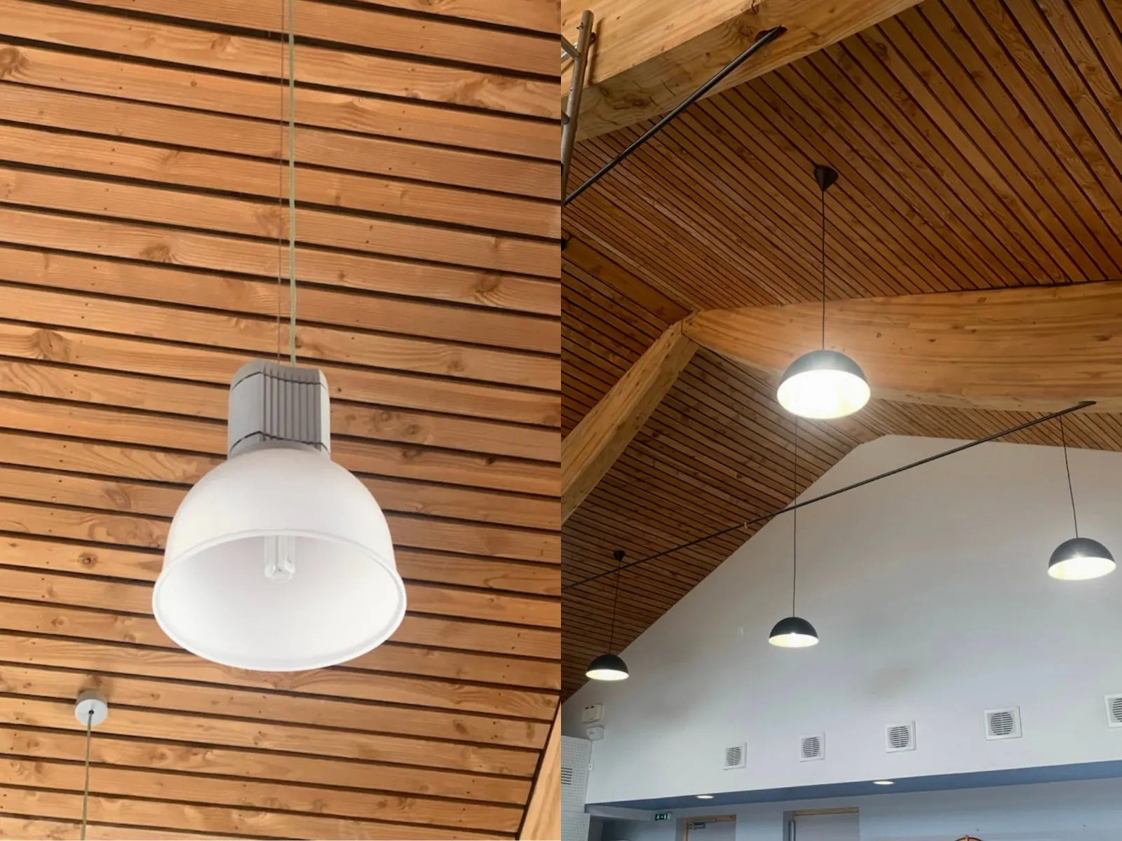 Før/efter-billede af taget på et rådhus med LED-pendellamper